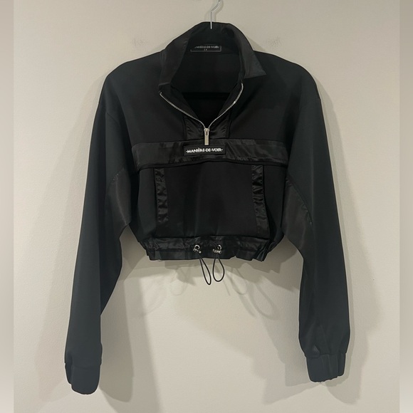Manière De Voir Black Half-Zip Cropped Jacket with Drawstring Hem | Size 10 - Picture 1 of 5